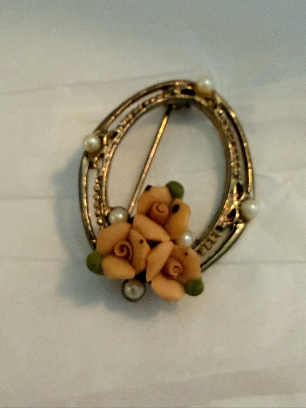 Gold-Tone Oval Brooch with Peach Rose Cluster and Pearls